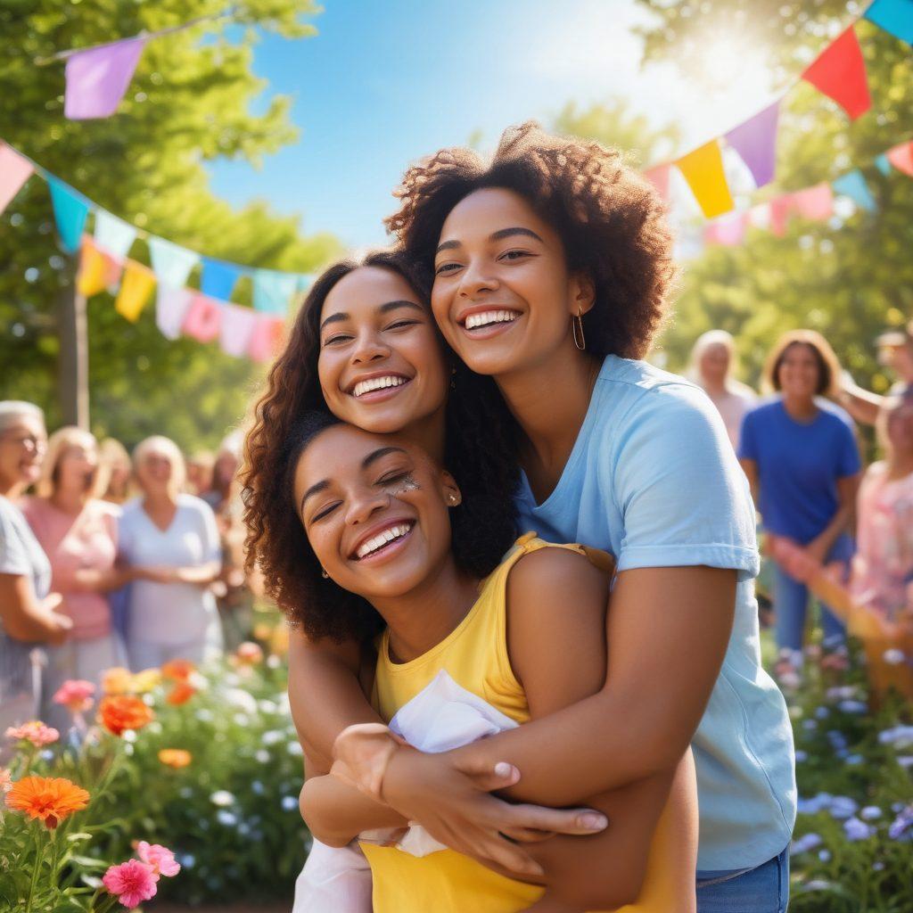 A vibrant scene depicting a diverse group of individuals joyfully embracing themselves in a sunlit park, surrounded by colorful flowers and uplifting messages on banners. Their expressions radiate happiness and confidence, with soft pastel colors enhancing the positive atmosphere. The background features a sparkling blue sky, symbolizing freedom and warmth. super-realistic. vibrant colors. bright background.