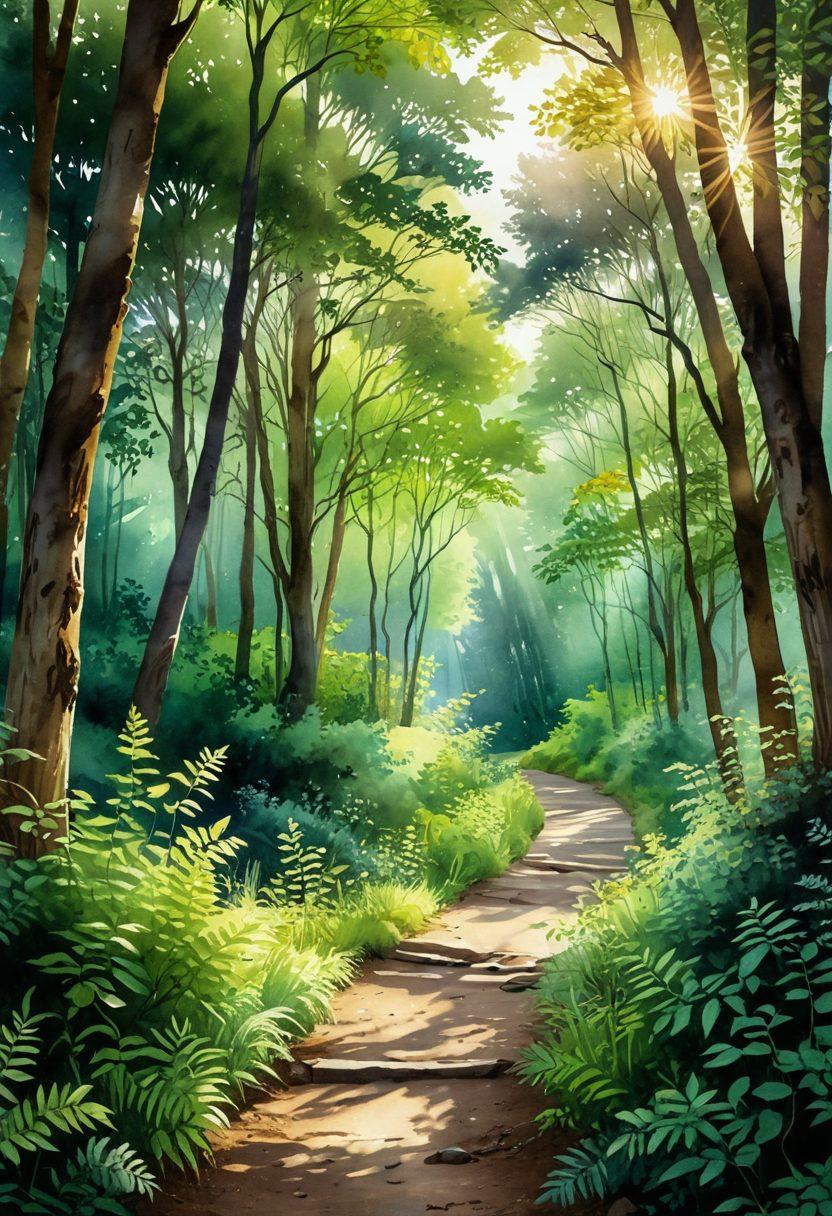 A serene landscape depicting a winding path through a lush forest, symbolizing the journey of self-discovery. Along the path, diverse individuals express moments of joy and acceptance, embracing their uniqueness. Rays of sunlight filter through the trees, illuminating their faces with warmth. Heartfelt quotes about self-acceptance subtly integrated into the scenery. watercolor style. vibrant colors. ethereal lighting.