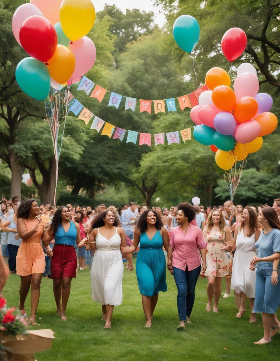 A vibrant celebration of diverse body shapes and sizes, featuring a joyful outdoor gathering with people of various ethnicities and body types embracing each other. Balloons and colorful banners reflect themes of body positivity and self-love. Include smiling faces, sparkles, and a scenic park backdrop filled with nature. super-realistic. vibrant colors.